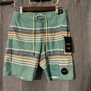 RVCA Green Board Shorts with Surf-Inspired Design Size 28, Brand New with Tags
